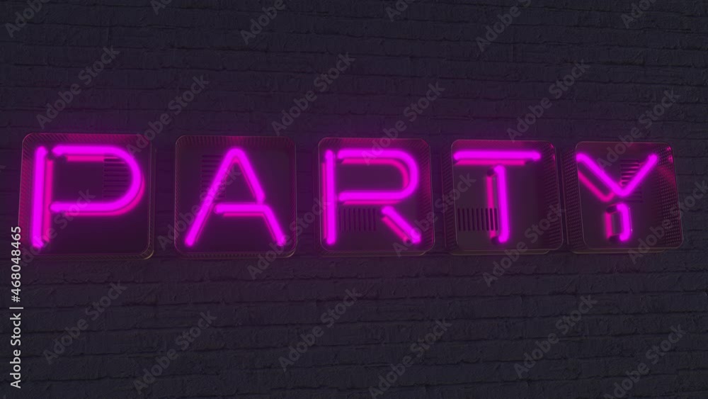 PARTY signboard made with glowing neon letters in the dark. 3D animation PARTY signboard made with glowing neon letters in the dark. 3D animation