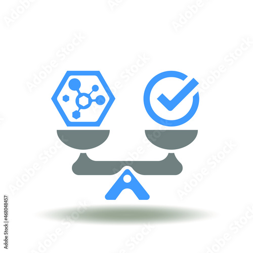 Vector illustration of seesaw scales balancing molecules and check mark. Symbol of hormone balance. Icon of hormonal therapy.