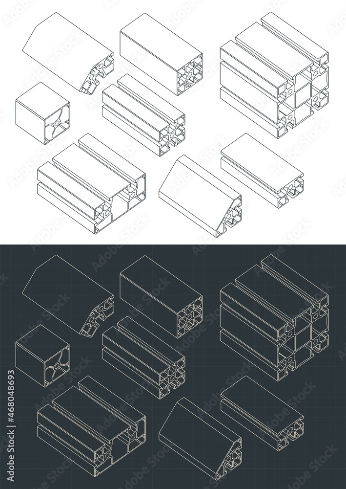 Frame extrusions set isometric blueprints Frame extrusions set isometric blueprints