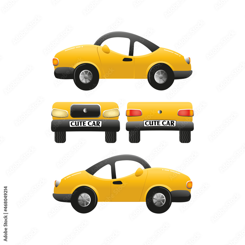 Yellow car drawing with front, rear, right and left parts. Vector