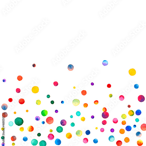 Fototapeta Naklejka Na Ścianę i Meble -  Watercolor confetti on white background. Actual rainbow colored dots. Happy celebration square colorful bright card. Remarkable hand painted confetti.