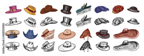 Hats vintage collection for elegant men, woman, female and ladies. Fedora Derby Deerstalker Homburg Bowler Straw Beret Captain Cowboy Porkpie Boater. Retro fashion set. English style. Hand drawn