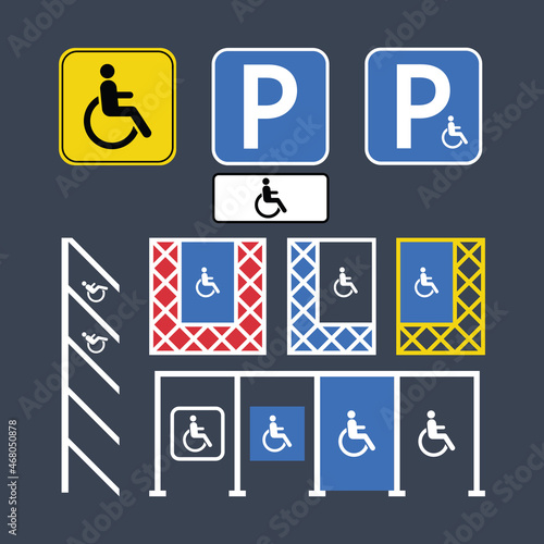 Vector road sign disabled handicapped parking signs and symbols, wheelchair icon, white, blue and yellow markings set