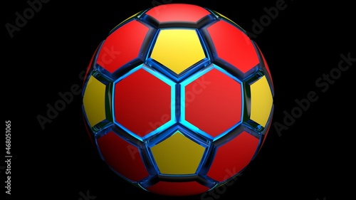 Red-yellow soccer ball illuminated blue light under black flash background. 3D illustration. 3D high quality rendering.