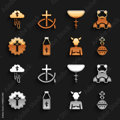 Set Holy water bottle, Priest, Christian cross, Krampus, heck, on chain, God's helping hand and fish icon. Vector