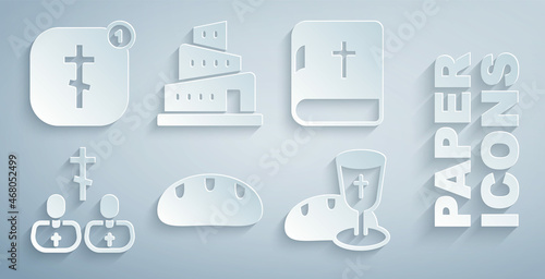 Canvas Print Set Bread loaf, Holy bible book, Priest, Goblet and bread, Babel tower story and Online church pastor preaching icon