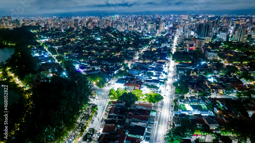 Aerial view of the Ibirapuera district at night. Avenida Paulista in the background. Selective focus
