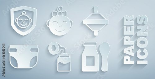 Set Breast pump, Whirligig toy, Baby diaper, Yogurt in bottle with spoon, Little girl head and shield icon. Vector