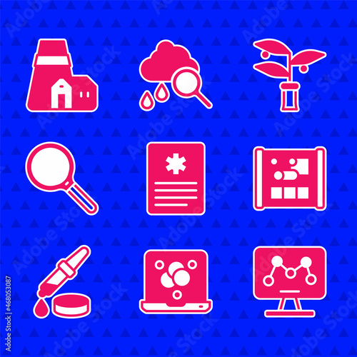 Set Patient record, Chemical formula, Genetic engineering, Graphing paper, Pipette, Magnifying glass, Plant breeding and Power station plant icon. Vector