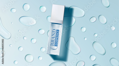 Skin care emulsion product with water drops on blue background . Top view . Vector Illustration Realistic .