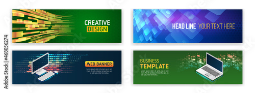 Set of modern banner templates for websites. Abstract social media cover design. Horizontal header web background. High tech design with technological elements. Science and digital technology concept