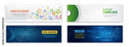 Set of modern banner templates for websites. Abstract social media cover design.Horizontal header web background. High tech design with technological elements. Science and digital technology concept