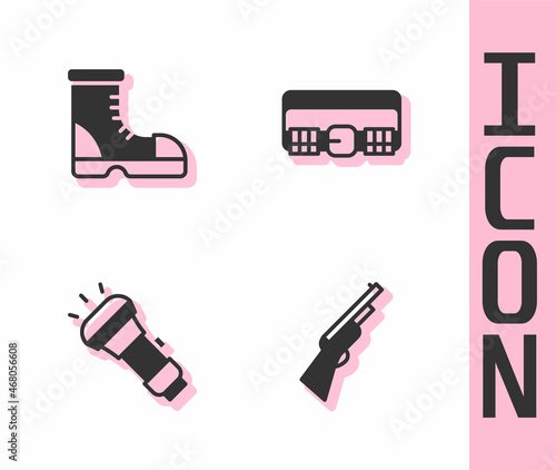 Set Hunting gun, Hunter boots, Flashlight and cartridge belt icon. Vector