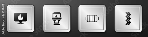 Set Location with fire flame, Brick stove, Barbecue grill and Bacon stripe icon. Silver square button. Vector