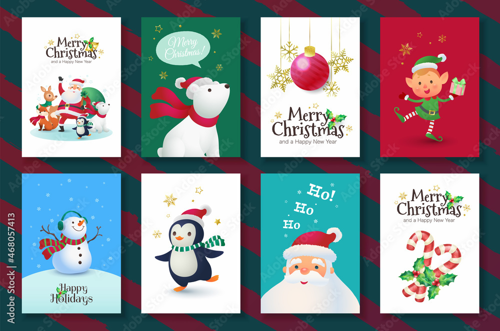 Christmas greeting card set with Santa Claus and his companions and Merry Christmas hand lettering suitable for social media post and mobile apps. Vector flat illustration. Christmas greeting card set with Santa Claus and his companions and Merry Christmas hand lettering suitable for social media post and mobile apps. Vector flat illustration.
