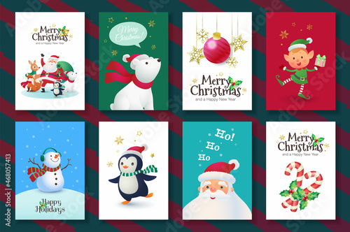 Christmas greeting card set with Santa Claus and his companions and Merry Christmas hand lettering suitable for social media post and mobile apps. Vector flat illustration.