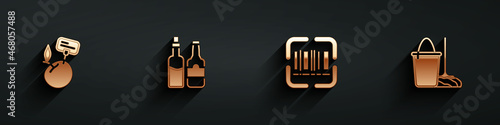 Set Supermarket food products with price label, Whiskey bottle, Scanner scanning bar code and Mop and bucket icon with long shadow. Vector
