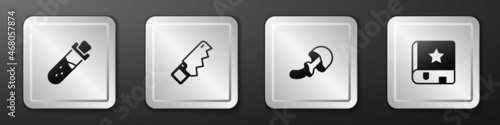 Set Bottle with potion, Hand saw, Psilocybin mushroom and Ancient magic book icon. Silver square button. Vector
