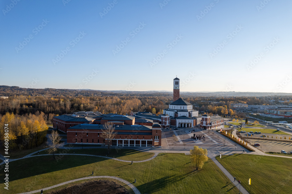 Pope John Paul II Sanctuary in Krakow, aerial view at sunset
