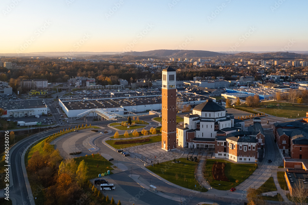 Pope John Paul II Sanctuary in Krakow, aerial view at sunset
