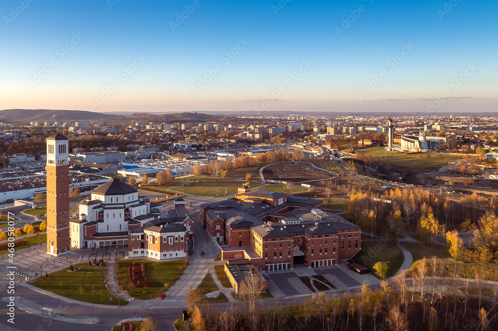 Pope John Paul II Sanctuary with Sanctuary of Divine Mercy in the background aerial view