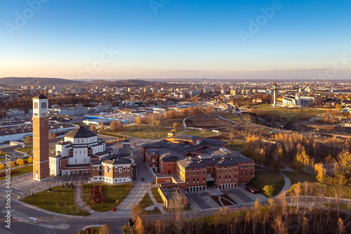 Obraz na płótnie Pope John Paul II Sanctuary with Sanctuary of Divine Mercy in the background aerial view w salonie
