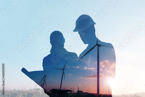 Cuadro en lienzo Double exposure architecture engineering windmill power eco energy concept, asia