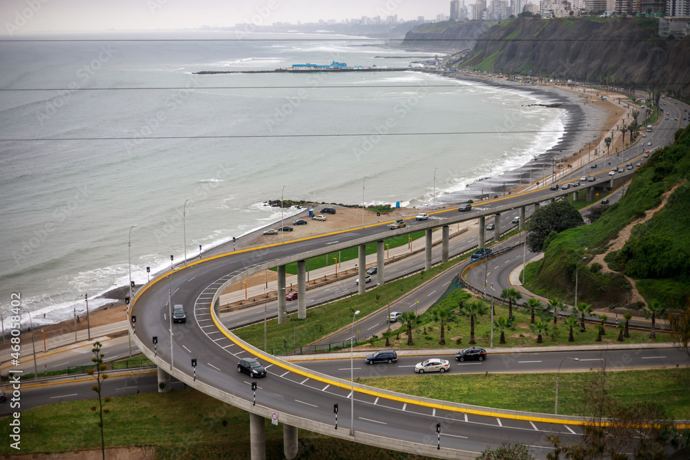 Lima, Peru: 22.09.2019: Aerial daytime view of the suspending bridge called 