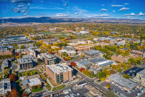 Aerial View of a large Univeristy in Fort Collins, Colorado during Autumn