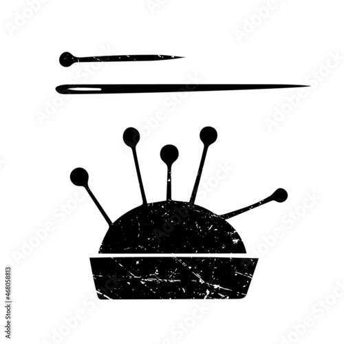 Vector set of images of pincushion and needles. Handmade, sewing, clothing. Vintage, grunge, flat, minimalism, illustration. Black on white.