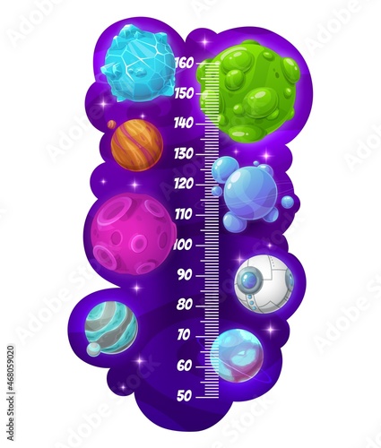 Kids height chart, growth meter. Cartoon space galaxy planets. Vector stadiometer, measure sticker scale for children with fantasy alien world. Universe, outer space with glowing stars and asteroids