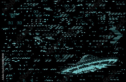 Monitor screen glitch error distortion with UFO or alien flying saucer on abstract background of blue neon digital pixel noise. Vector TV static screen and broken VHS video effect, space technologies