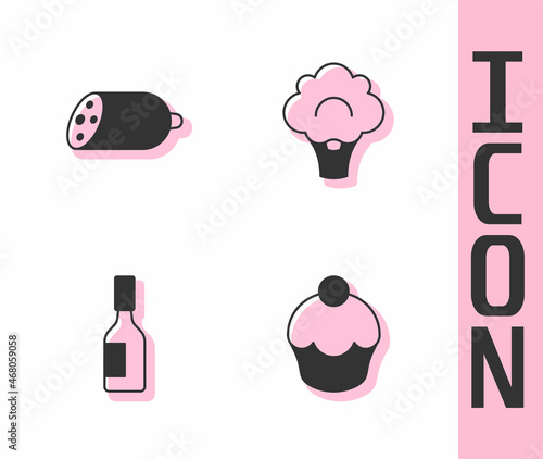 Set Muffin, Salami sausage, Tabasco sauce and Broccoli icon. Vector