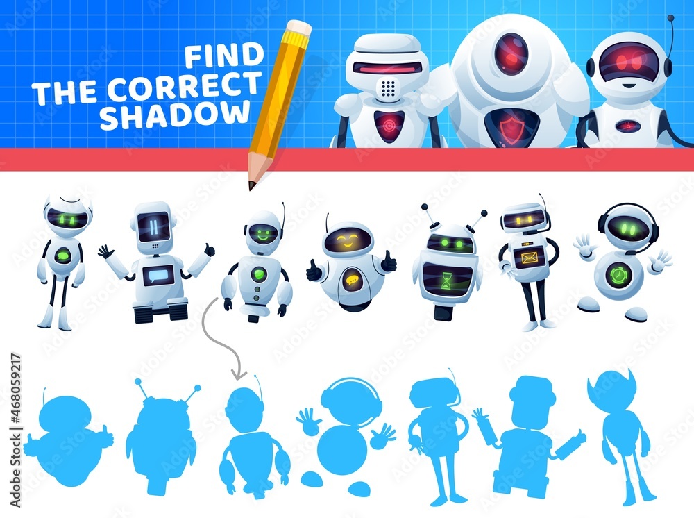 Find a correct robot shadow. Kids game or puzzle vector template of education memory riddle, maze or test with matching pair task, connect cartoon robots, bots and artificial intelligence droids