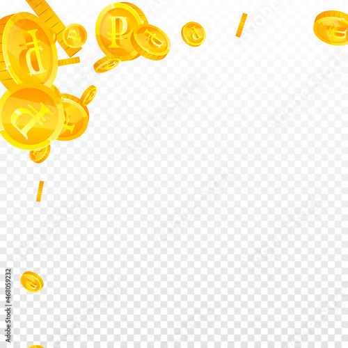 Russian ruble coins falling. Admirable scattered RUB coins. Russia money. Radiant jackpot, wealth or success concept. Vector illustration.
