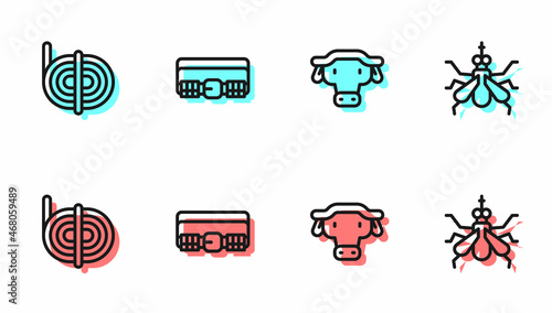 Set line African buffalo head, Climber rope, Hunting cartridge belt and Mosquito icon. Vector