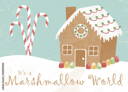 A textured gingerbread house and candy cane tree in a cut paper style. Text on separate layer.

