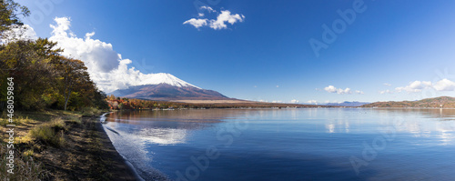 (山梨県ｰ風景パノラマ)秋の山中湖畔と富士山２