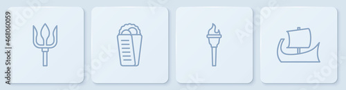 Set line Neptune Trident, Torch flame, Gyros Pita Greek and trireme. White square button. Vector