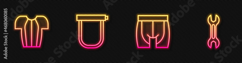 Set line Cycling shorts, t-shirt, Bicycle lock and Wrench spanner. Glowing neon icon. Vector