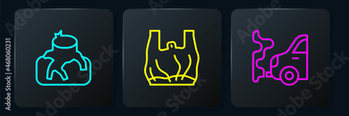 Set line Deforestation, Car exhaust and Say no to plastic bags poster. Black square button. Vector