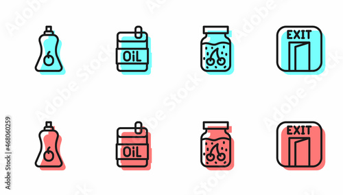 Set line Jam jar, Sauce bottle, Bottle of olive oil and Fire exit icon. Vector