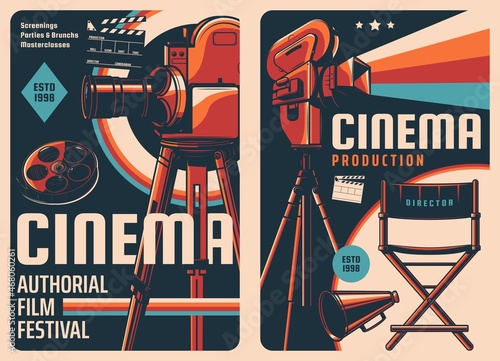 Cinema festival and movie production posters. Movie theatre screenings, video studio vector vintage banners with cinema camera on tripod, film reel and clapper, movie director chair and loudspeaker