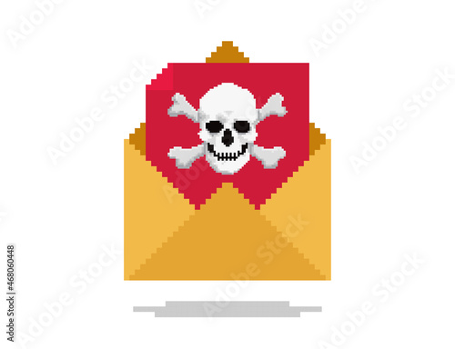 Pixel art vector illustration of opened email with virus skull symbol on red paper. Object is isolated on white background.