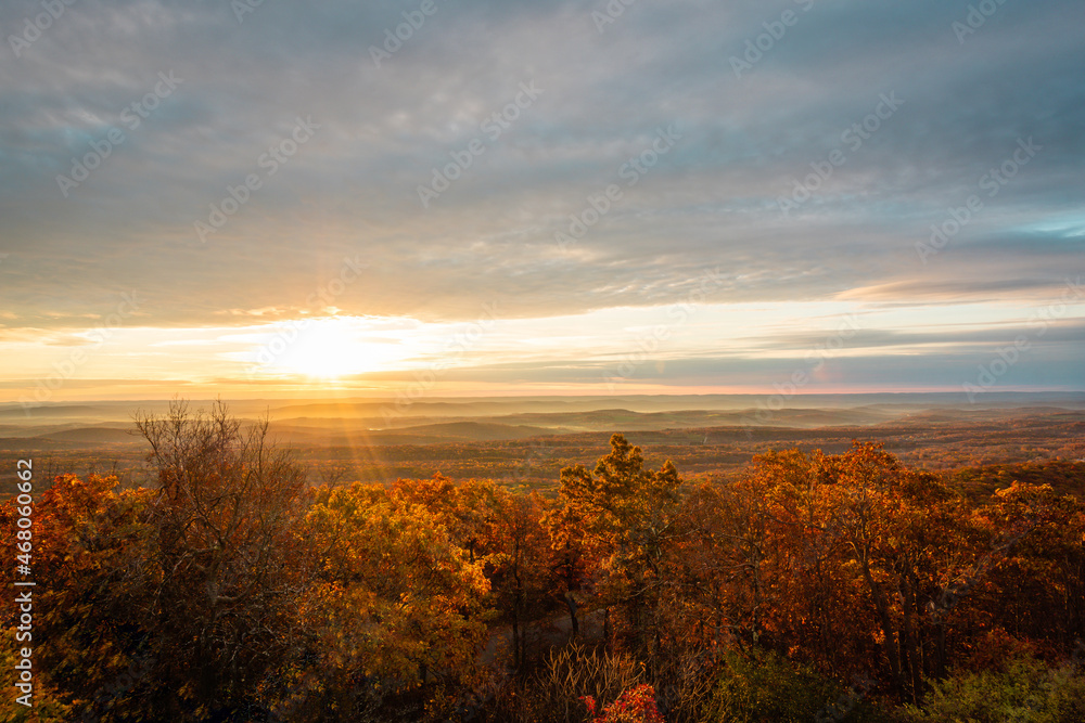 High Point State Park, NJ, sunrise on a late fall morning with fall foliage