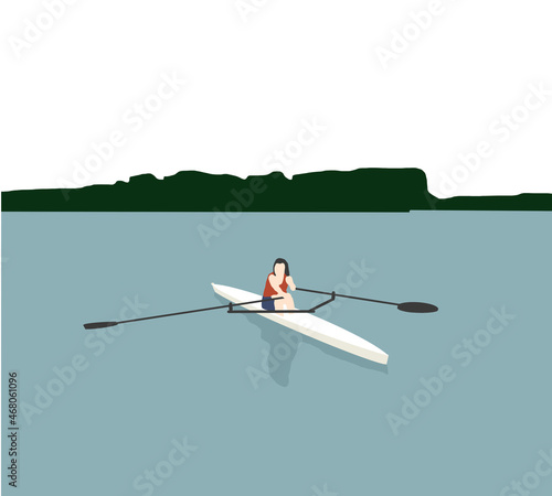 Woman with skull in hands traveling by canoe or canoe along river. Tourist in water trip. Wild and water fun on summer. Vector flat design illustration. 