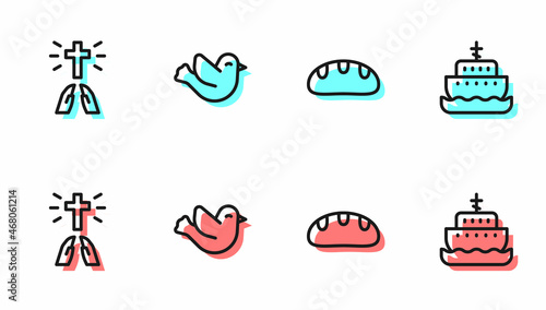 Set line Bread loaf, Hands in praying position, Dove and Ark of noah icon. Vector
