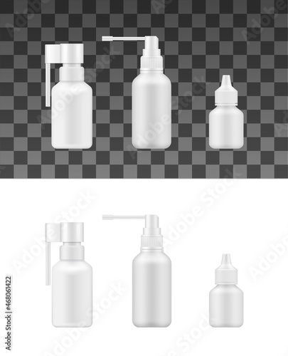 Nasal spray realistic bottles of nose medicines, vector mockup of medical packaging. White plastic containers with spray nozzle, pump and tube sprayers, isolated 3d objects of pharmaceutical packages