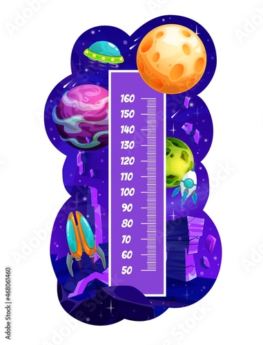 Kids height chart with space planets, growth measure meter ruler. Cartoon rockets and UFO in galaxy with stars. Vector wall sticker scale of children height measurement. Universe fantasy planets