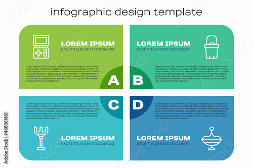 Set line Rake toy, Tetris electronic game, Whirligig and Sand in bucket. Business infographic template. Vector